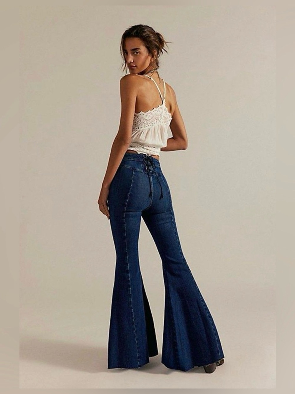 WE THE FREE CRVY Size 29 Super High-Rise Lace-Up Flare Raw Hem Stretch Jeans - Picture 3 of 10